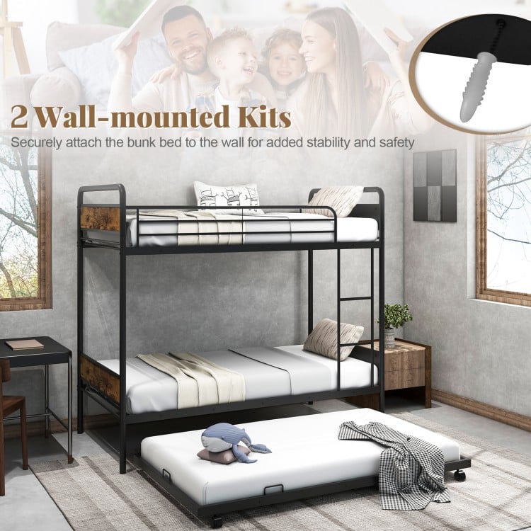Twin Over Twin Bunk Bed with Trundle with Ladder and Full-length Guardrails-Black