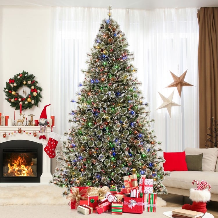 7.5 FT Artificial Christmas Tree Pre-Lit Hinged Holiday Tree with 360° Quick Power Connector