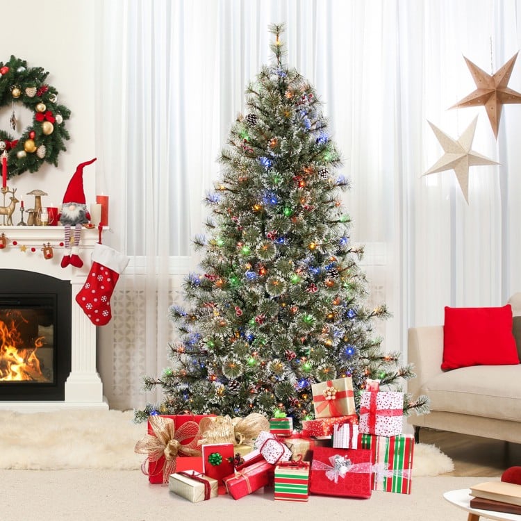 6 FT Artificial Christmas Tree Pre-Lit Hinged Holiday Tree with 360° Quick Power Connector