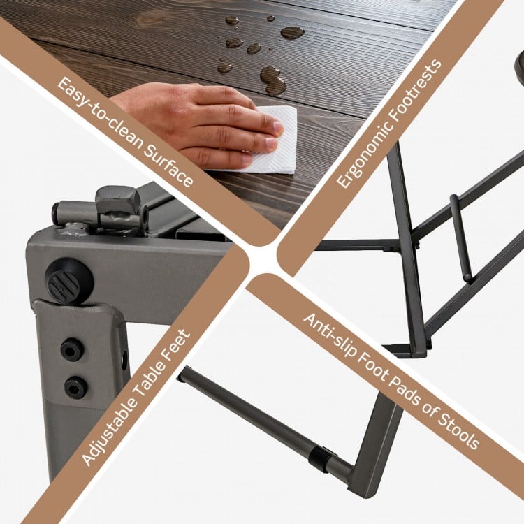 3 Pieces Dining Table Set with 2 Foldable Stools for Small Space-Gray