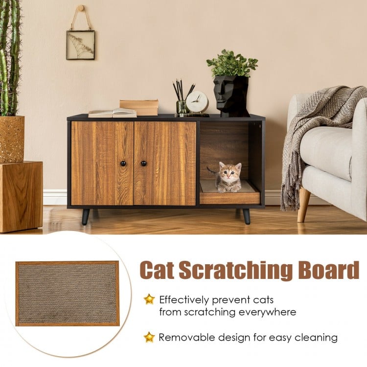 Cat Litter Box Enclosure with Divider and Double Doors-Brown