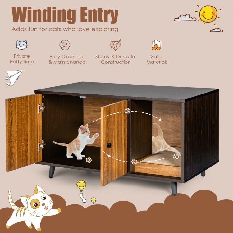 Cat Litter Box Enclosure with Divider and Double Doors-Brown