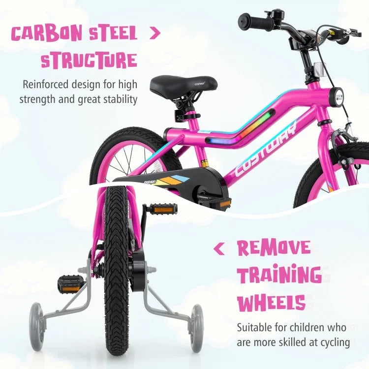 16/18 Inch Kids Bike with LED Lights Adjustable Carbon Steel Bicycle for 4-8 Years Old