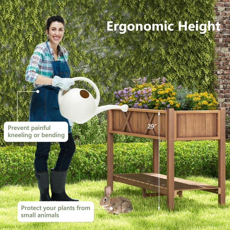 Poly Wood Elevated Planter Box with Legs Storage Shelf Drainage Holes-Coffee