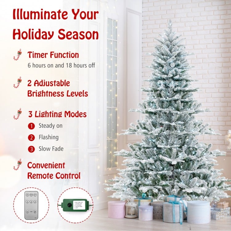 7 Feet Snow Flocked Artificial Christmas Tree with Cool White LED Lights