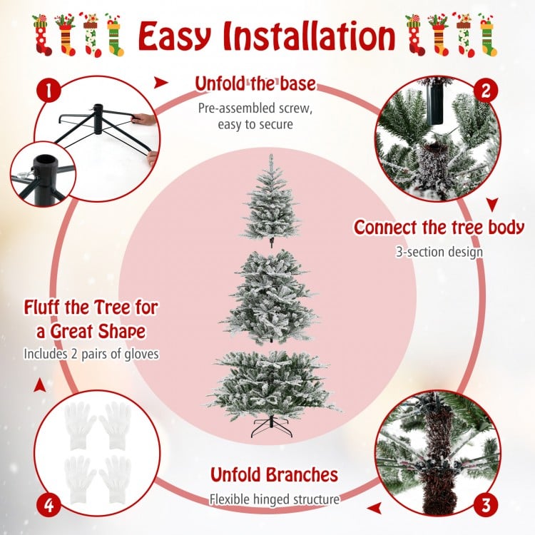 8 Feet Snow Flocked Artificial Christmas Tree with Cool White LED Lights