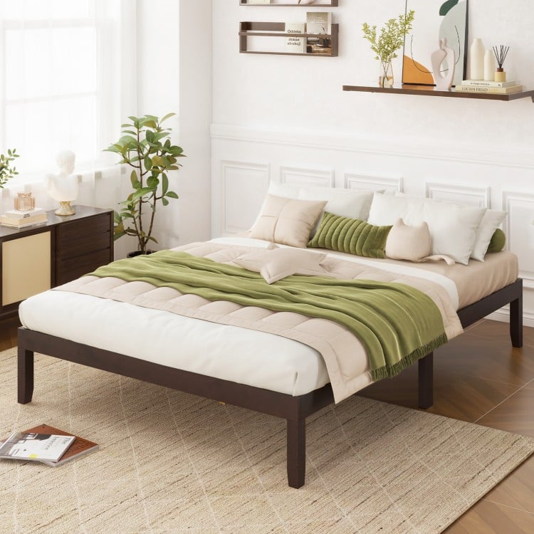 Full Wood Bed Frame with Wooden Slats Support and Rubber Wood Legs-Espresso