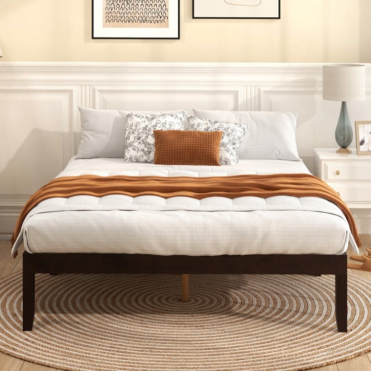 Full Wood Bed Frame with Wooden Slats Support and Rubber Wood Legs-Espresso