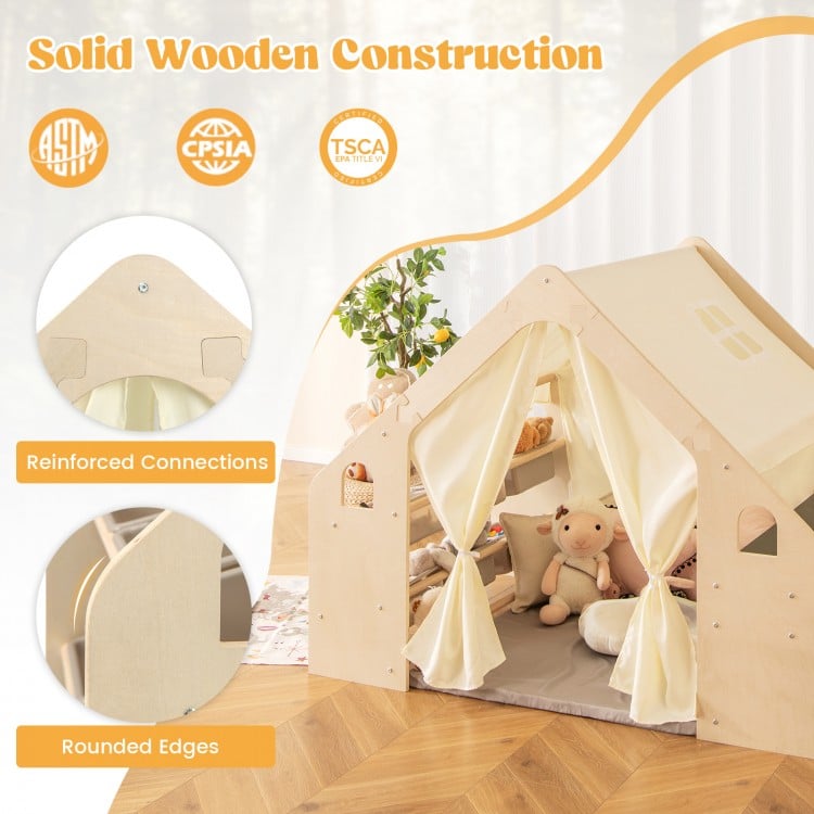 6-in-1 Kids Play Tent Playhouse with Blackboard 6 Storage Bins and Floor Cushion-Beige