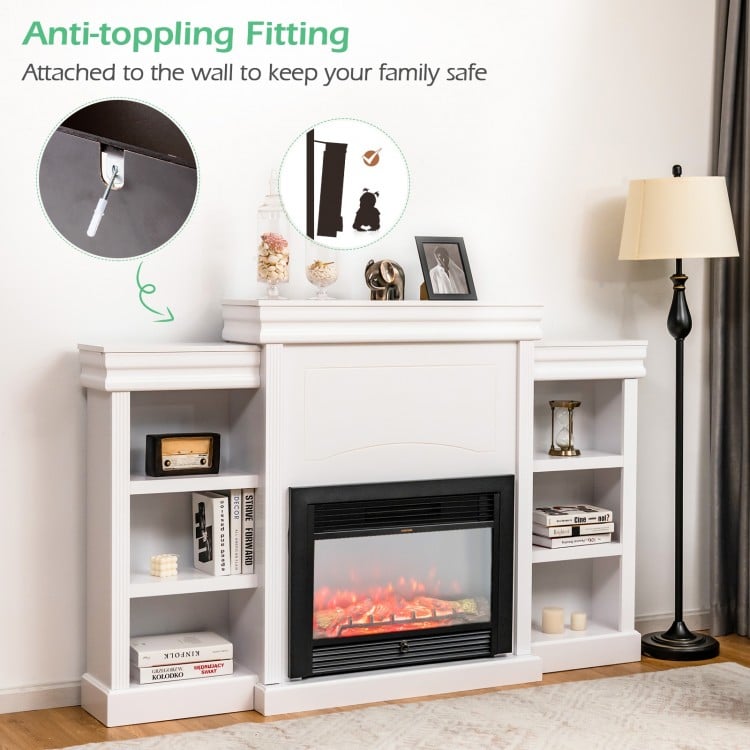 70 Inch Modern Fireplace Media Entertainment Center with Bookcase-White