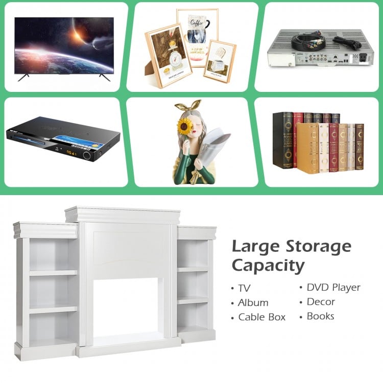 70 Inch Modern Fireplace Media Entertainment Center with Bookcase-White