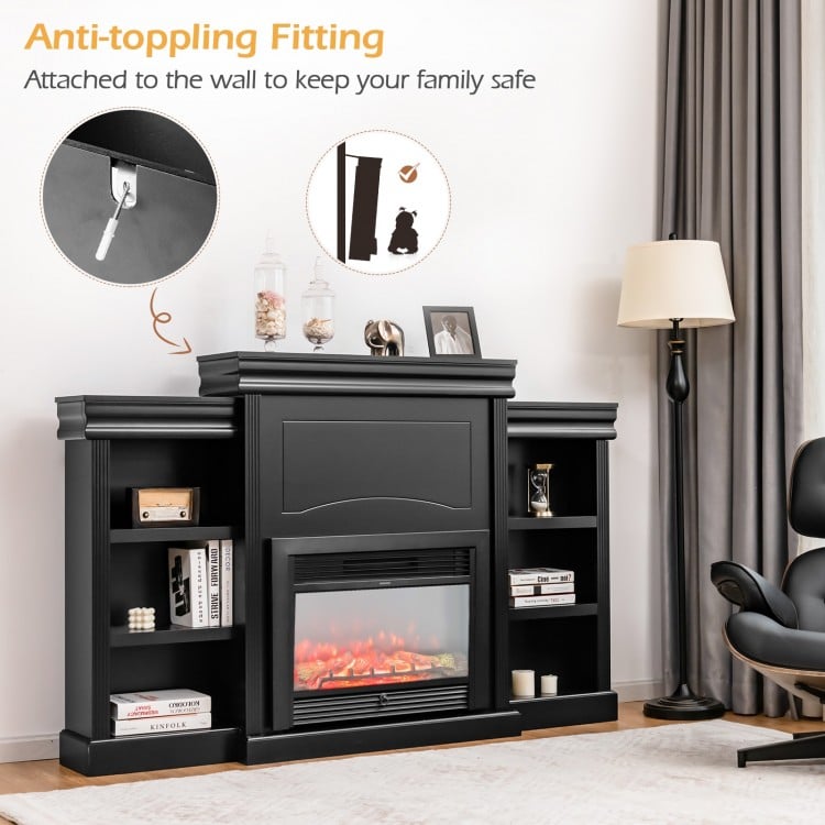 70 Inch Modern Fireplace Media Entertainment Center with Bookcase-Black