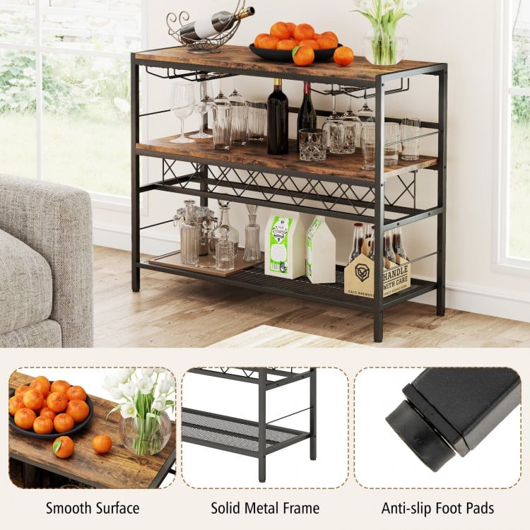 41 Inch 4-Tier Bar Table with Wine Rack and 4 Rows of Glass Holders-Rustic Brown