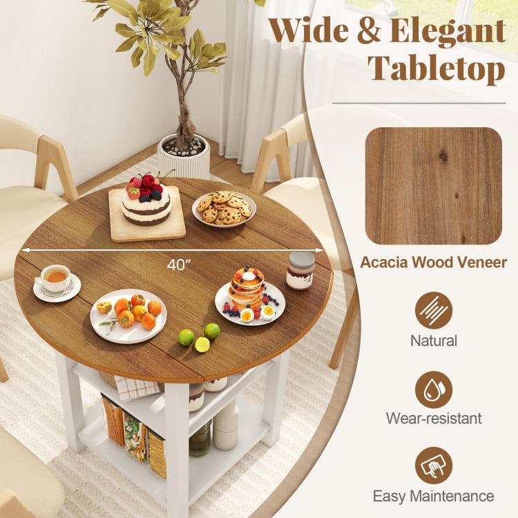Folding Round Dining Table Drop Leaf Table with 2 Shelves for Small Spaces-White
