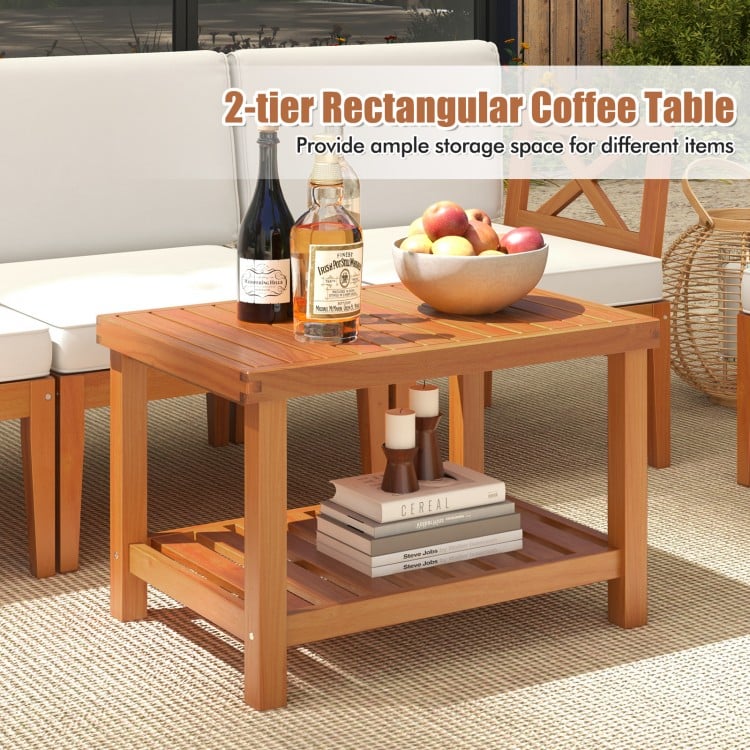 5 Pieces Acacia Wood Patio Furniture Set Outdoor Sectional Conversation Set with Cushions-Off White
