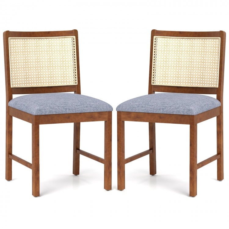 Rattan Dining Chair Set of 2 with Rubber Wood Frame and Linen Fabric Padded Seat-Walnut