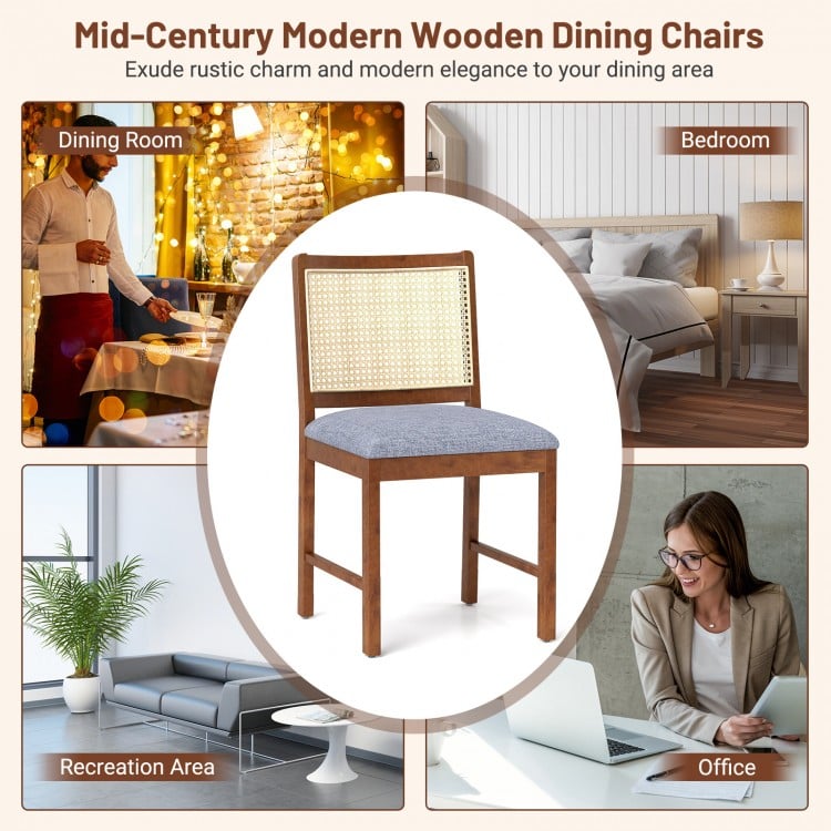 Rattan Dining Chair Set of 2 with Rubber Wood Frame and Linen Fabric Padded Seat-Walnut