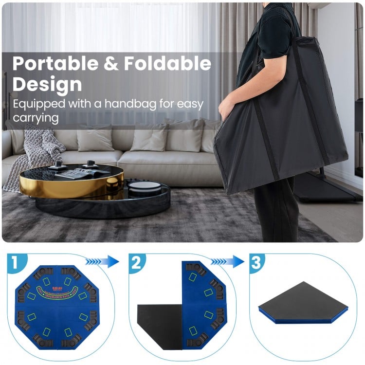 48 Inch 8-Player Foldable Poker Table Top with Carrying Bag and Cup Holders-Blue