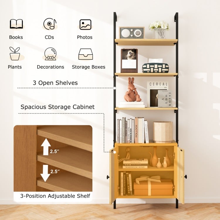 72.5 Inch 6-Tier Wall Mounted Ladder Bookshelf with Rattan Cabinet-Natural