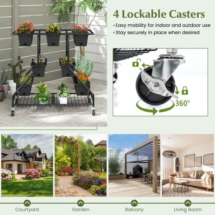 Vertical Raised Garden Bed with 7 Planter Boxes and Storage Baskets-Black