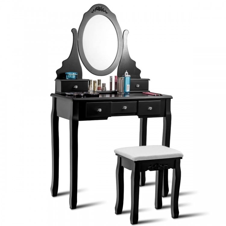 Wooden Vanity Set with 360° Rotating Oval Mirror and Cushioned Stool-Black