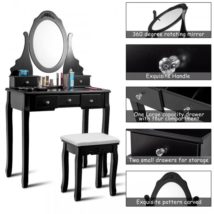 Wooden Vanity Set with 360° Rotating Oval Mirror and Cushioned Stool-Black
