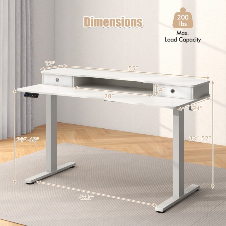 55 Inch x 24 Inch Height Adjustable Electric Standing Desk with 2 Drawers-White