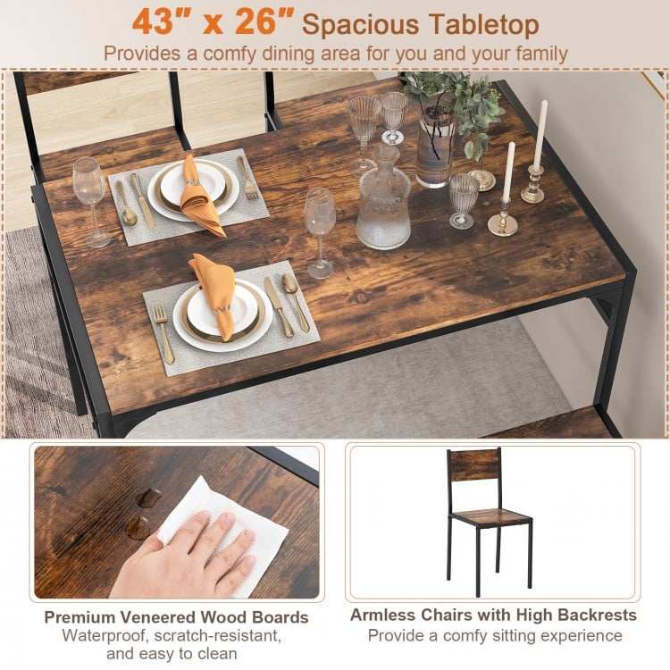 Industrial Style Rectangular Kitchen Table with Bench and Chairs-Rustic Brown