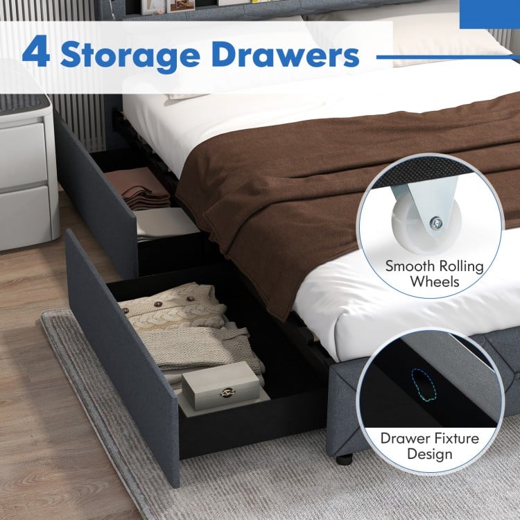 Full/Queen Size Bed Frame with Adjustable Storage Headboard and Wooden Slat Support-Queen Size