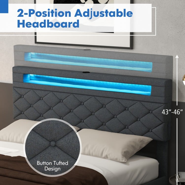 Full/Queen Size Bed Frame with Adjustable Storage Headboard and Wooden Slat Support-Full