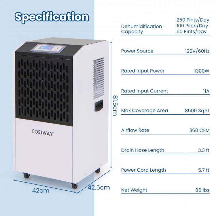 250 Pints Commercial Dehumidifier with Drain Hose Large Spaces up to 8500 Sq.Ft
