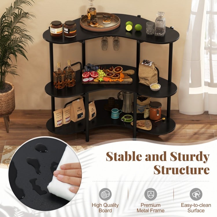 3-Tier Liquor Bar Table with Stemware Racks and Storage Shelves-Black