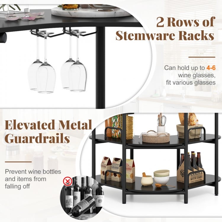 3-Tier Liquor Bar Table with Stemware Racks and Storage Shelves-Black
