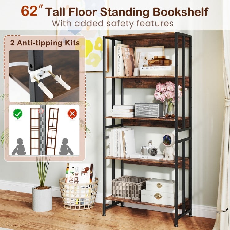 5-Tier Bookshelf with Adjustable and Tiltable Shelves-Rustic Brown