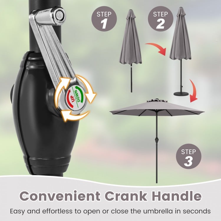 Outdoor Heavy Duty Market Umbrella with Crank Handle and 8 Sturdy Ribs-Gray