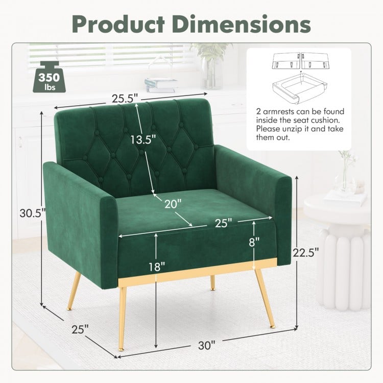 Modern Velvet Accent Chair with Button Tufted Back Golden Metal Legs and Adjustable Foot Pads-Turquoise