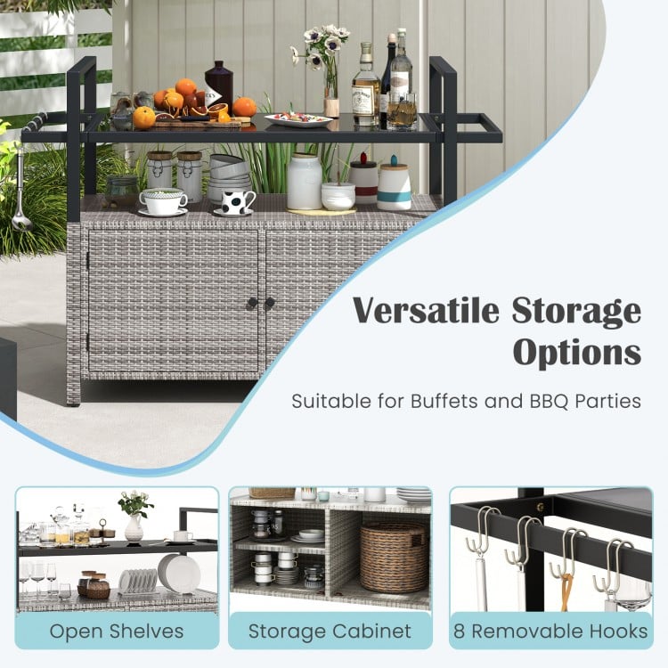 Outdoor Bar Cart Wicker Buffet Serving Cart with Cabinet and 8 Hooks-Gray