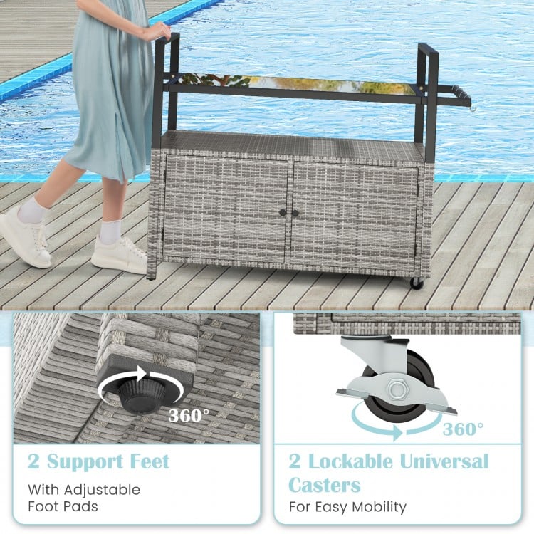 Outdoor Bar Cart Wicker Buffet Serving Cart with Cabinet and 8 Hooks-Gray