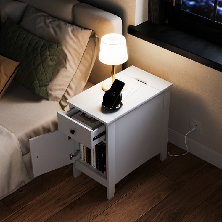 Flip Top End Table with Charging Station USB Ports Outlets and Drawer-White