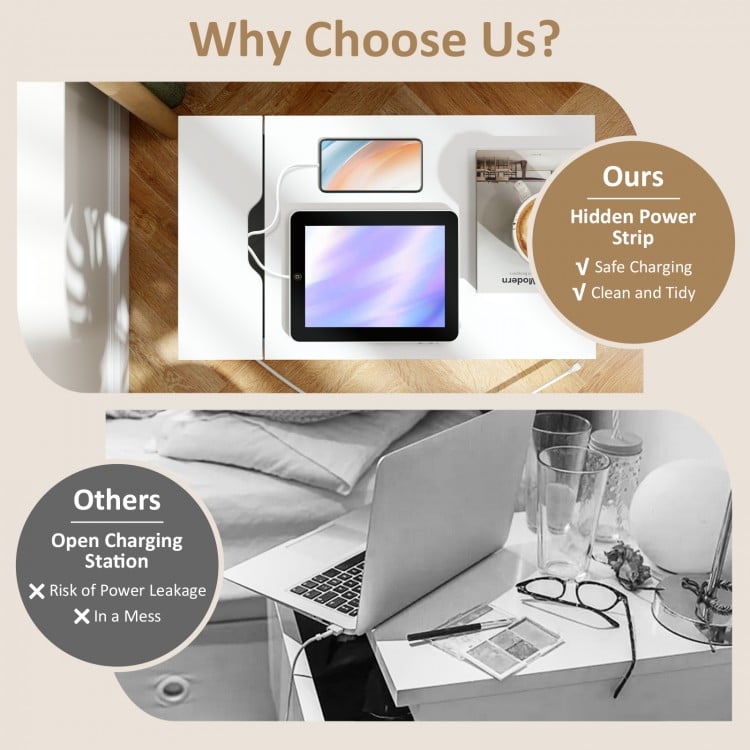 Flip Top End Table with Charging Station USB Ports Outlets and Drawer-White