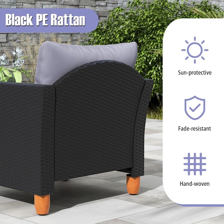 3 Pieces Outdoor Patio Wicker Furniture Set with Cushions and Acacia Wood Coffee Table-Gray