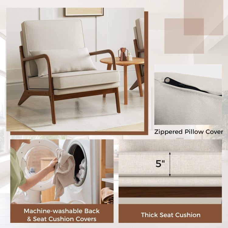 Modern Accent Chair with Rubber Wood Armrests and Removable Back-Beige