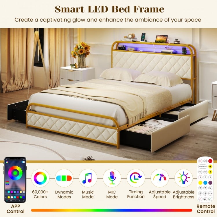 Twin/Full/Queen Size Bed Frame with LED Lights and Charging Station Gold-Full Size
