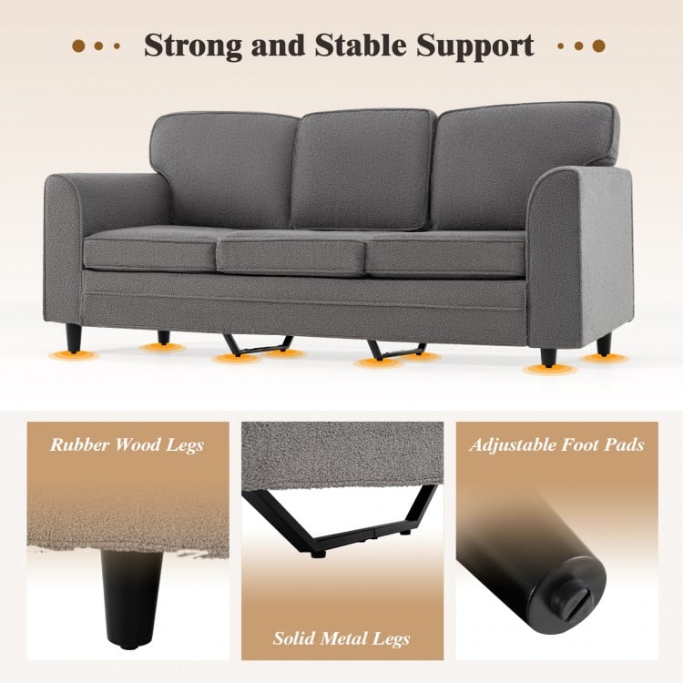Upholstered Teddy Velvet 3-Seat Sofa with Comfy Back Pillows-Gray