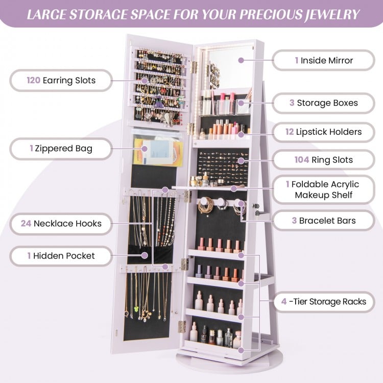 360° Rotating Mirrored Jewelry Cabinet Armoire 3 Color LED Modes Lockable-Purple