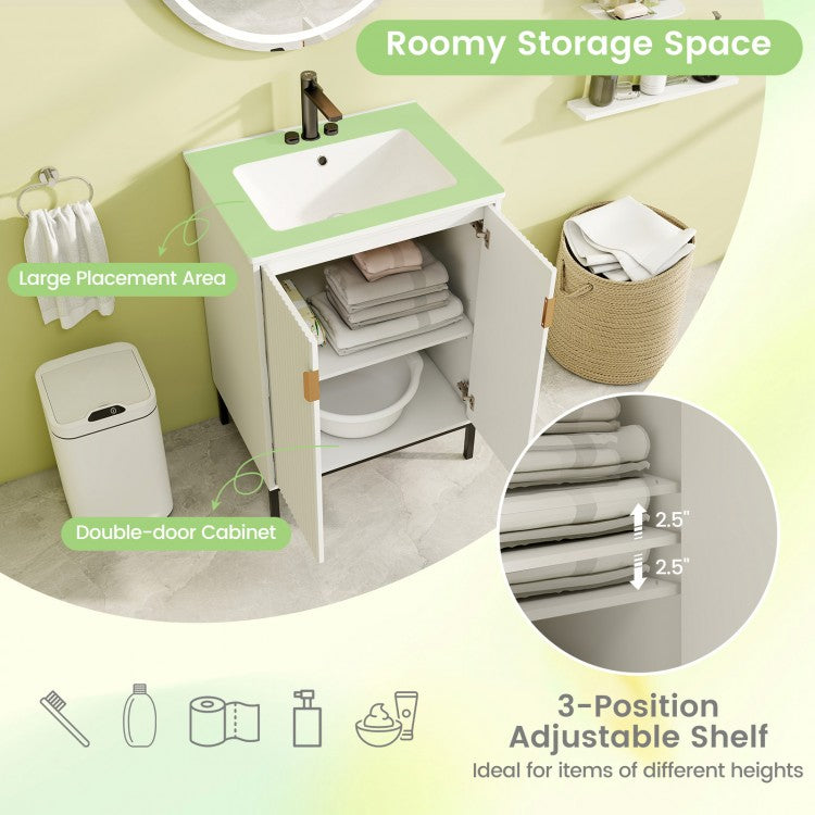24-Inch Bathroom Vanity with Ceramic Sink Combo, Freestanding Bathroom Cabinet with Adjustable Shelf, White