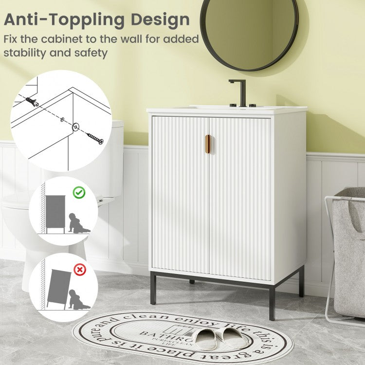 24-Inch Bathroom Vanity with Ceramic Sink Combo, Freestanding Bathroom Cabinet with Adjustable Shelf, White