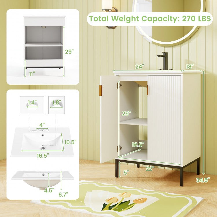 24-Inch Bathroom Vanity with Ceramic Sink Combo, Freestanding Bathroom Cabinet with Adjustable Shelf, White