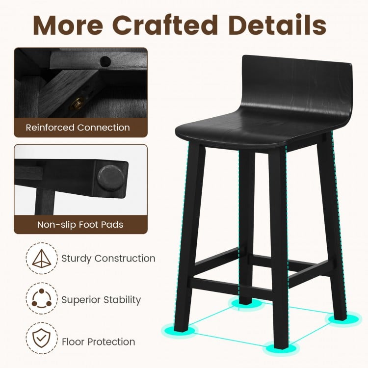Wood Bar Stools Set of 2 with Solid Back and Seat-Black