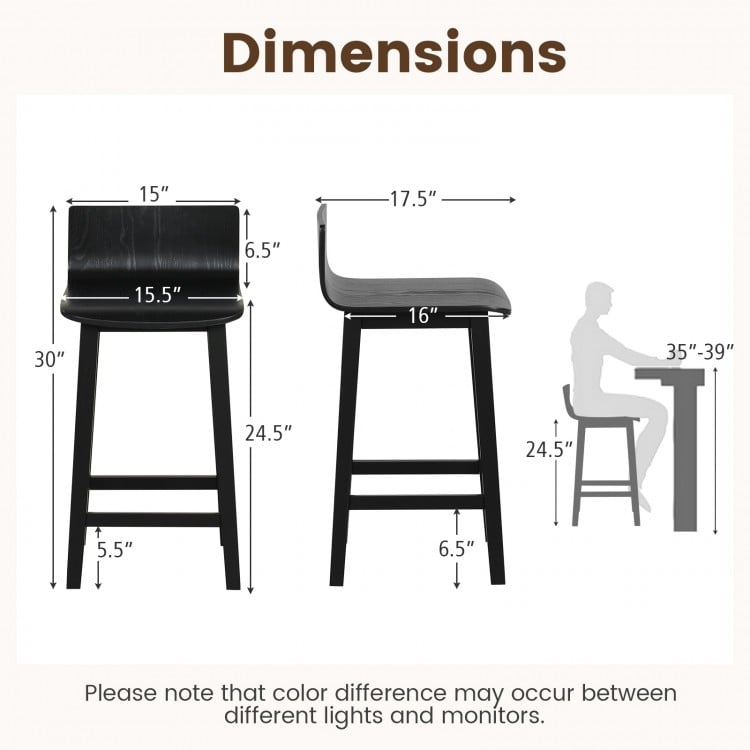 Wood Bar Stools Set of 2 with Solid Back and Seat-Black